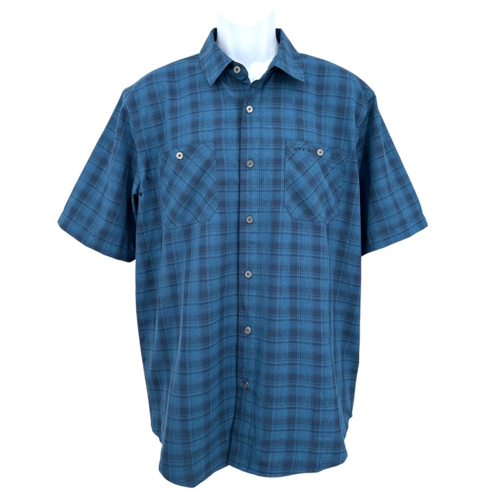 ORVIS Short Sleeve Performance Shirt Blue Plaid Button Front Men's Large Outdoor